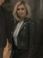 A side profile of the Scream VI Kirby Reed Leather Jacket showing the sleek fit and sleeve detailing.