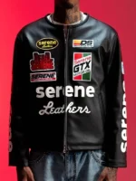 The front profile of the Serene GT Leather Jacket with a streamlined zip closure and classic collar.