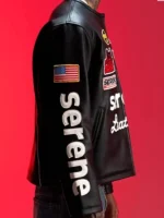 A side profile of the Serene GT Leather Jacket showing the tapered waist and sleeve construction.