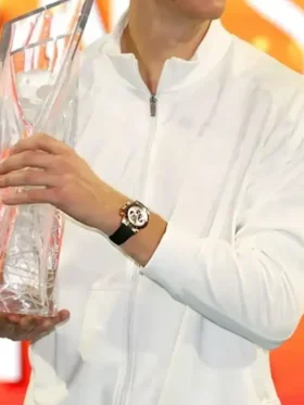 Front view of the classic Sinner Miami Open White Track Jacket.