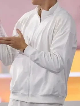 Side profile of the elegant Sinner Miami Open White Track Jacket.