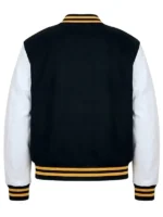 The back profile of the Solflare Black and White Varsity Jacket showing the clean finish and structured rear design.