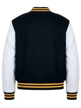 The back profile of the Solflare Black and White Varsity Jacket showing the clean finish and structured rear design.