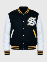 The front profile of the Solflare Black and White Varsity Jacket with a classic button closure and ribbed collar.