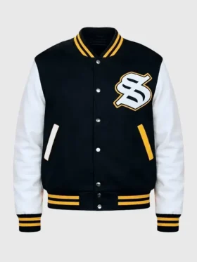 The front profile of the Solflare Black and White Varsity Jacket with a classic button closure and ribbed collar.