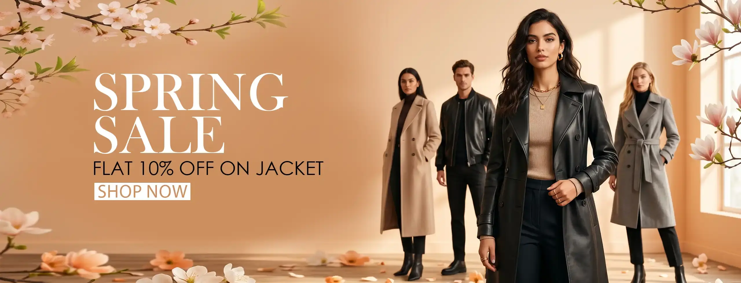 banner for a Spring Sale featuring four models wearing diverse outerwear including leather and wool coats.