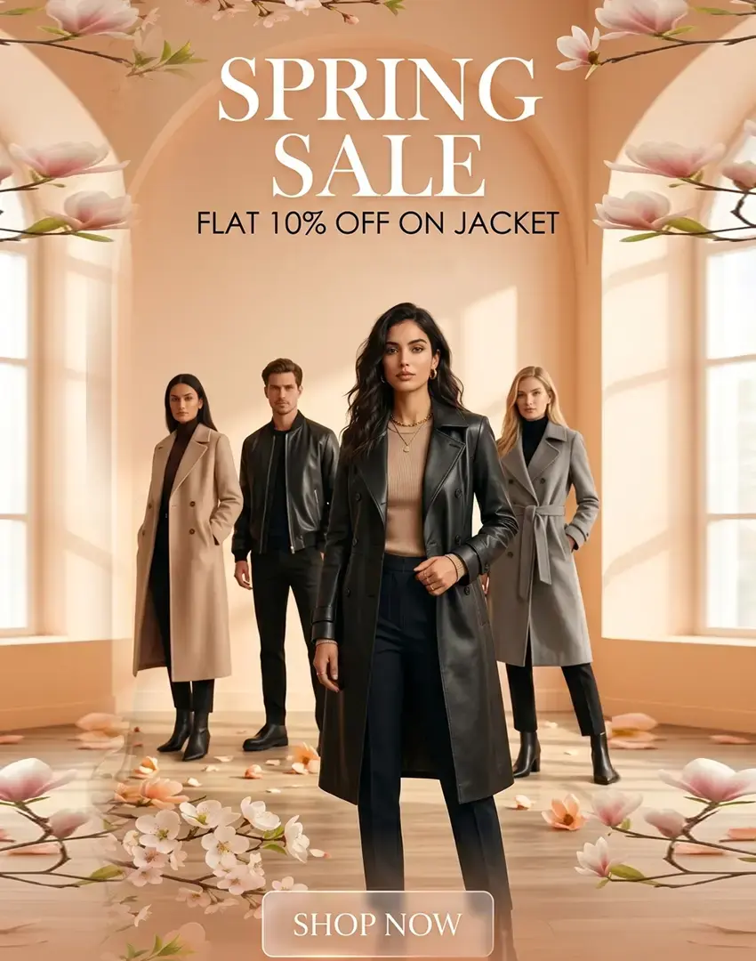 Vertical mobile banner for a Spring Sale featuring a flat 10% discount on jackets with a female model in a leather coat.