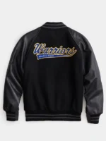 Back view of the iconic State Warriors Black Varsity Jacket.