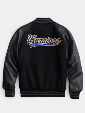 Back view of the iconic State Warriors Black Varsity Jacket.
