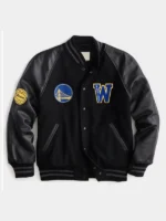 Front view of the classic State Warriors Black Varsity Jacket.