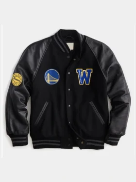Front view of the classic State Warriors Black Varsity Jacket.
