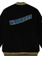 Detailed back design of the State Warriors Black Varsity Wool Jacket.