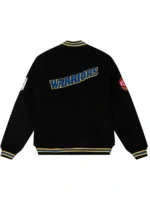 Back view of the iconic State Warriors Black Varsity Wool Jacket.