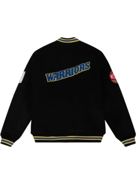 Back view of the iconic State Warriors Black Varsity Wool Jacket.