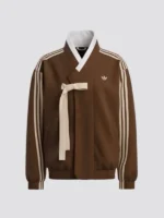 Front view of the Stray Kids x Adidas Hanbok Jacket in brown.