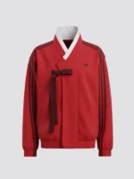 Front view of the bold Stray Kids x Adidas Hanbok Jacket in red.