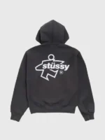 Full back view of the Stussy Surf Size Zip Hoodie in Black highlighting its premium finish.