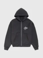 A sharp front view of the Black Stussy Surf Size Zip Hoodie with a clean athletic fit.
