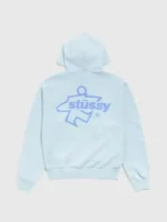 Rear profile of the Blue Stussy Surf Size Zip Hoodie featuring bold graphics across the back.