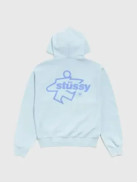 Rear profile of the Blue Stussy Surf Size Zip Hoodie featuring bold graphics across the back.