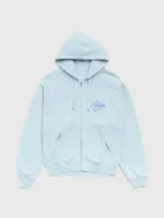 The front side of the Stussy Surf Size Zip Hoodie in Blue showcasing its casual zip-up style.