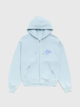 The front side of the Stussy Surf Size Zip Hoodie in Blue showcasing its casual zip-up style.