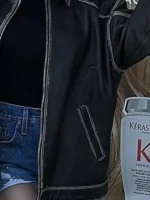 Sydney Sweeney Brown Leather Jacket closure view showing front fastening and closure construction