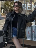 Sydney Sweeney Brown Leather Jacket front view showing full silhouette and rich brown leather finish