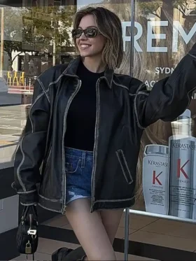 Sydney Sweeney Brown Leather Jacket front view showing full silhouette and rich brown leather finish