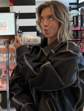 Sydney Sweeney Brown Leather Jacket side view showing sleeve length and brown leather profile