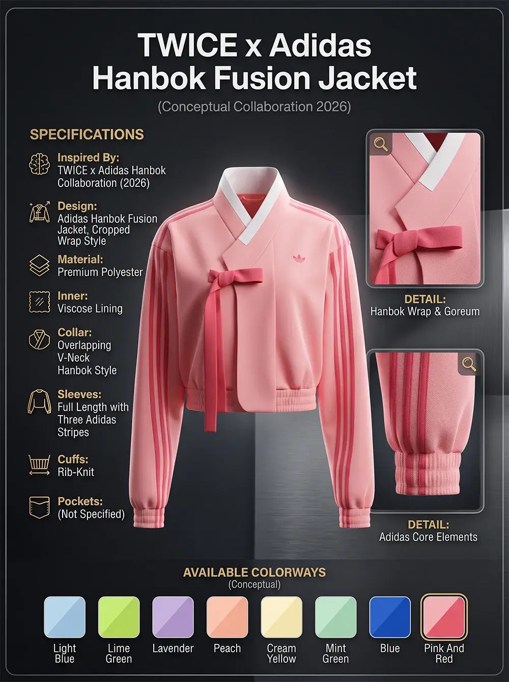 the pink TWICE x Adidas Hanbok Fusion Jacket concept, displaying material and design specifications like premium polyester fabric, an overlapping V-neck, and traditional goreum ribbon closure along with conceptual colorway swatches at the bottom.