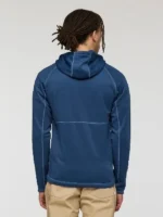 Back view of the blue Tempa Fleece Hooded Jacket Mens and Womens showcasing the durable fabric.