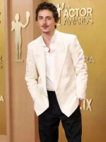 Timothée Chalamet 32nd Actor Awards White Blazer closure view showing fastening and front detail