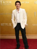 Timothée Chalamet 32nd Actor Awards White Blazer view showing full shape, fit, and white style