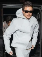The front profile of the Timothee Chalamet Grey Hooded Jacket showing the zip closure and hood detail.
