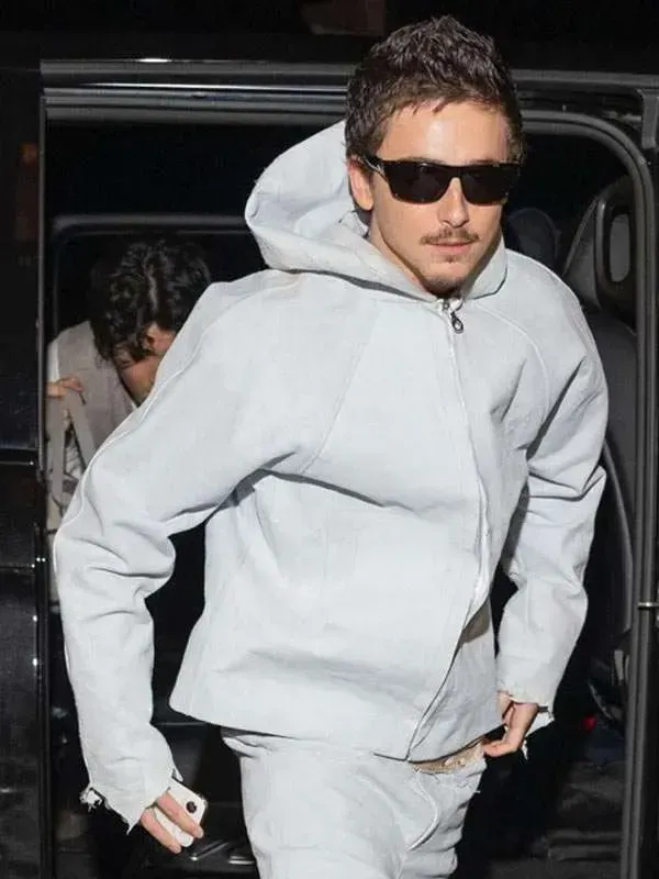 The front profile of the Timothee Chalamet Grey Hooded Jacket showing the zip closure and hood detail.