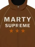 Timothee Chalamet Marty Supreme Brown Jacket close up view showing fabric texture and stitching