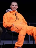 The front side of the Timothee Chalamet Marty Supreme Orange Tracksuit showcasing the zip detail and ribbed cuffs.