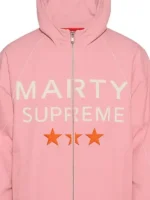Timothee Chalamet Marty Supreme Pink Jacket close-up view showing texture and stitching details