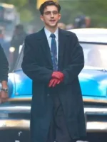 Timothée Chalamet Marty Supreme Wool Coat view look showing full shape and clean wool style