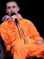 A full lifestyle display of the Timothee Chalamet Marty Supreme Orange Tracksuit featuring its vibrant athletic fit.