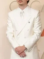 Macro shot of the Timothee Chalamet Oscar White Suit Outfit textures.