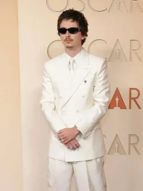 Direct front profile of the Timothee Chalamet Oscar White Suit Outfit.