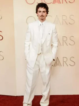 Complete silhouette of the Timothee Chalamet Oscar White Suit Outfit.
