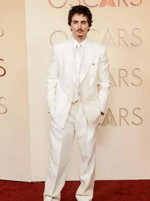 Complete silhouette of the Timothee Chalamet Oscar White Suit Outfit.