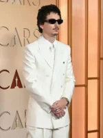Profile angle of the Timothee Chalamet Oscar White Suit Outfit.