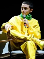 A full lifestyle shot of the Timothee Chalamet Yellow Leather Jacket showing its bright pop of color and urban fit.