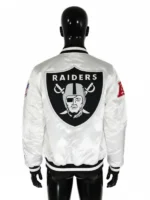A stylish rear perspective of the Tom Brady White Raiders Jacket emphasizing its tailored athletic build.