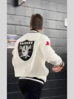 Rear profile of the Tom Brady White Raiders Jacket showcasing a seamless back panel and consistent color.