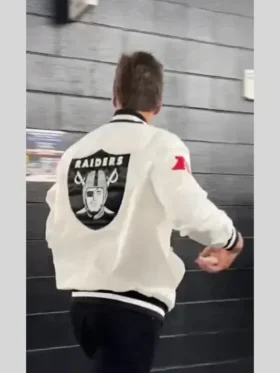 Rear profile of the Tom Brady White Raiders Jacket showcasing a seamless back panel and consistent color.